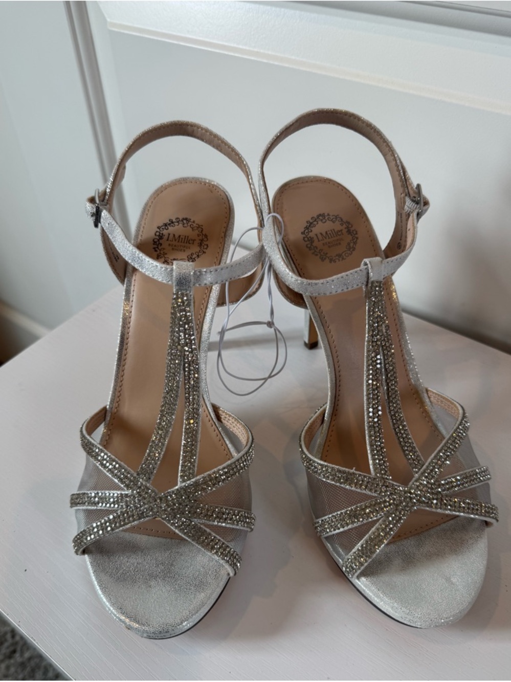 I Miller Silver T-Strap Rhinestone Evening Heels
